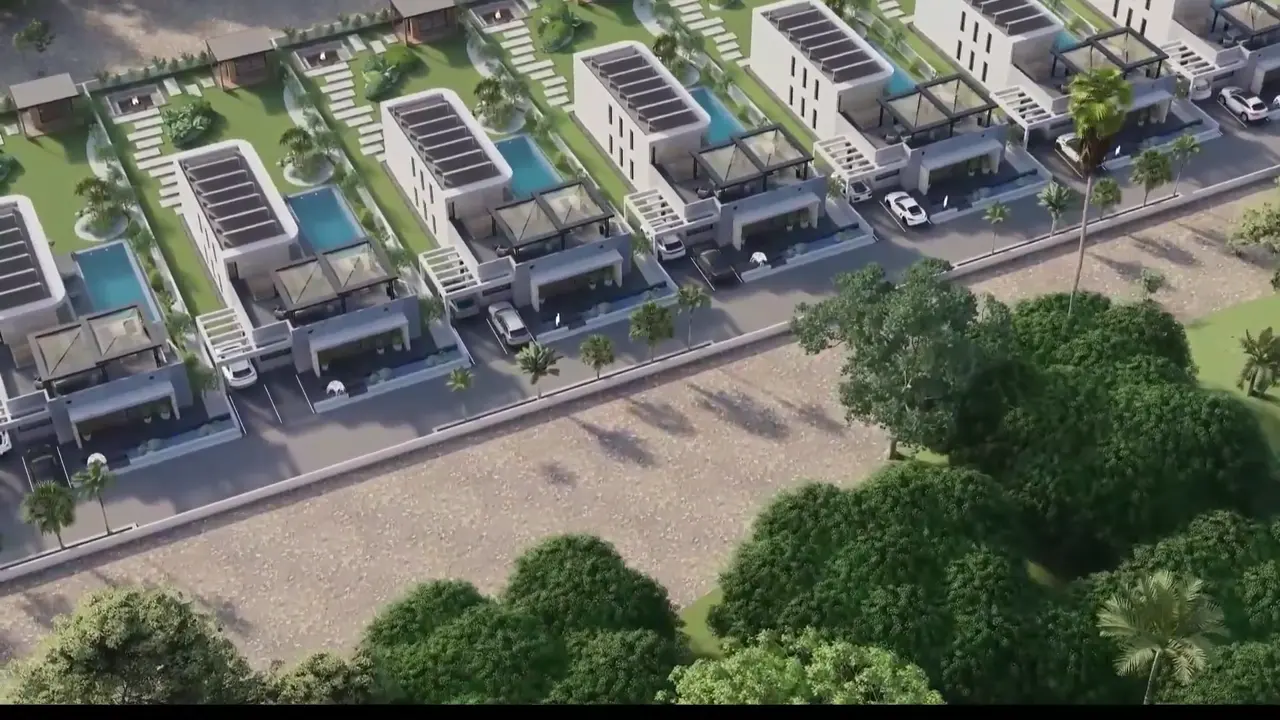 Aerial architectural visualisation of the Esser Villas collection