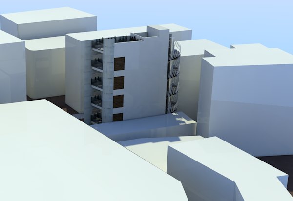 A massing study placing Afroditis Residence among the surrounding city blocks — architect's model