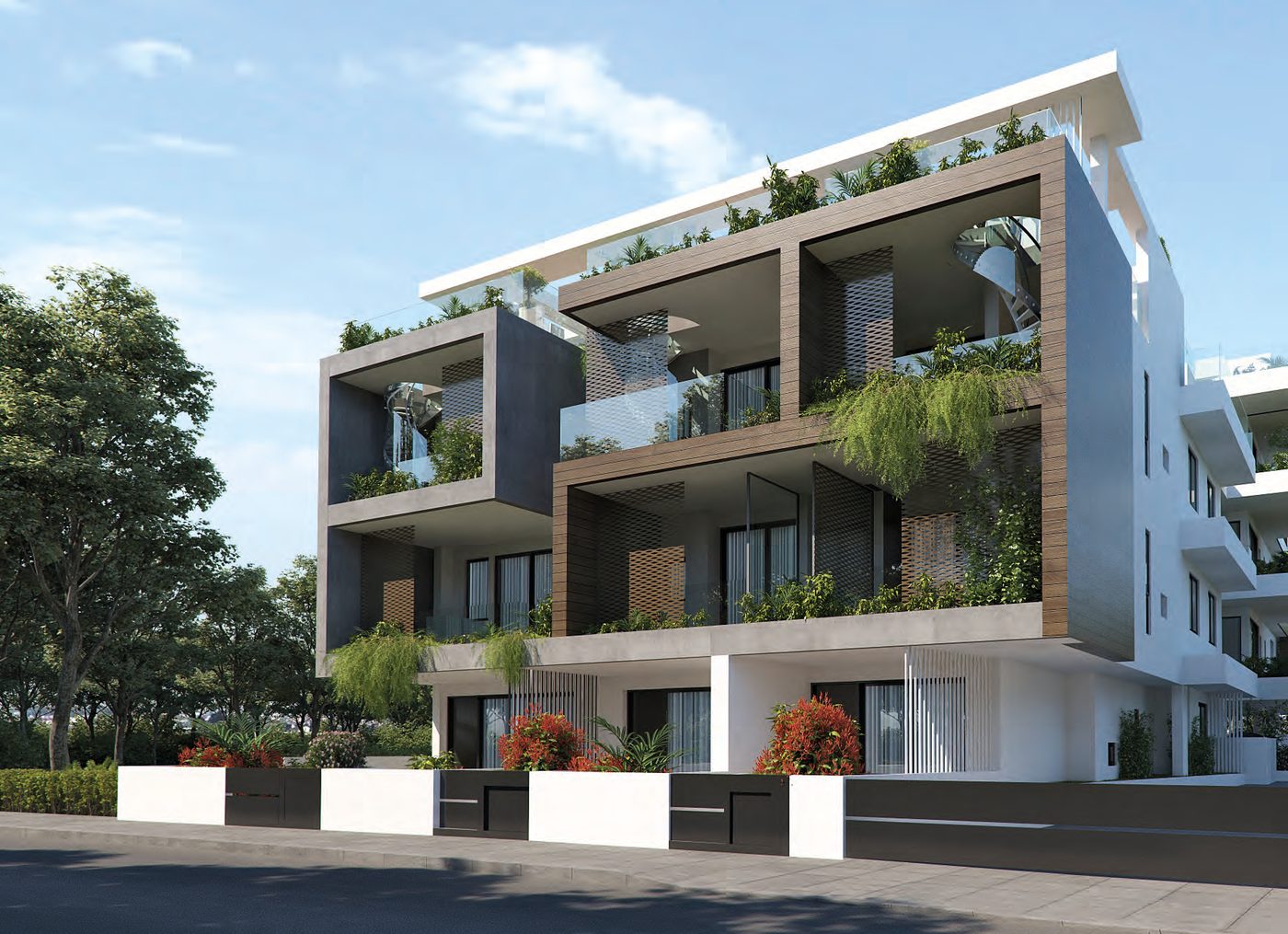 Aradippou Pearl from the street, planted terraces stepping across a timber-framed facade — architect's visualisation