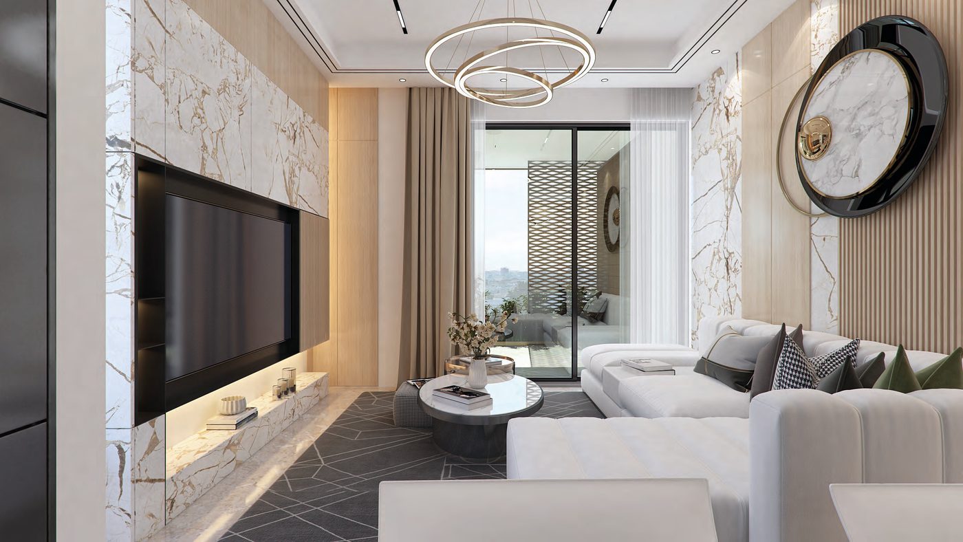 An open-plan living room, marble wall running to a glazed balcony door — architect's visualisation