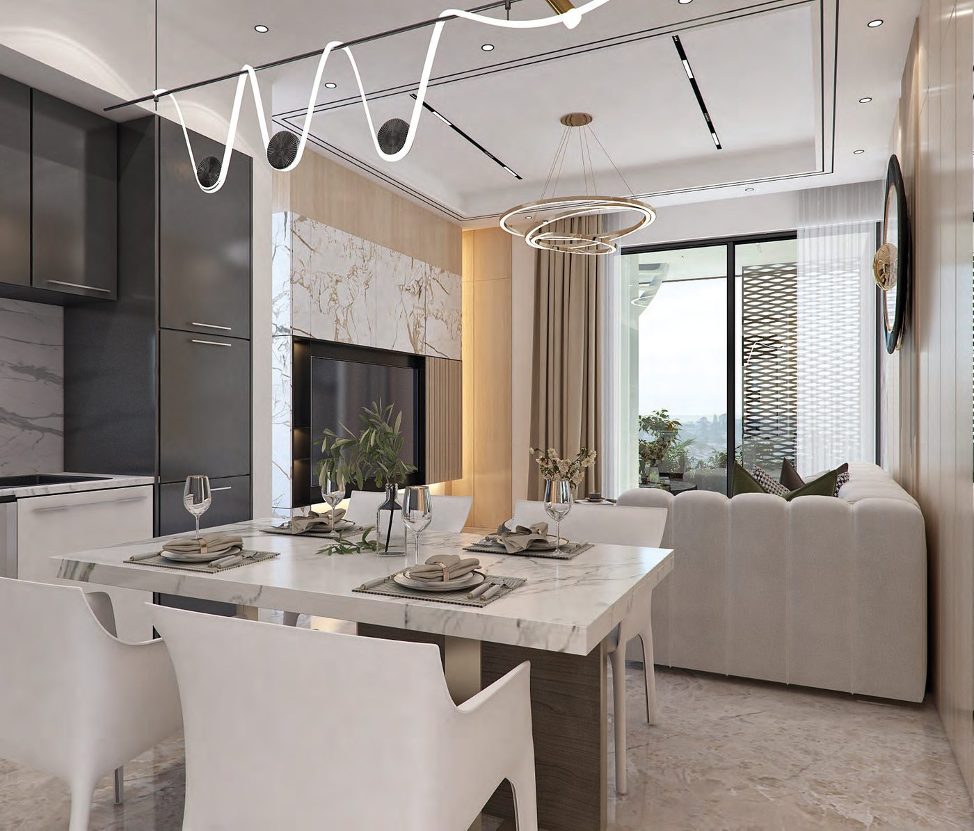 The dining end of an apartment, table laid beside the open kitchen — architect's visualisation