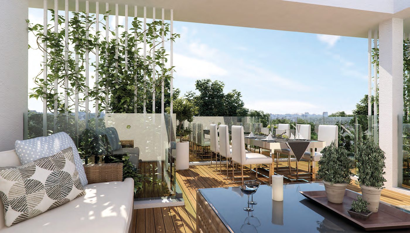 A roof garden laid for dinner, climbing planting screening the terrace — architect's visualisation