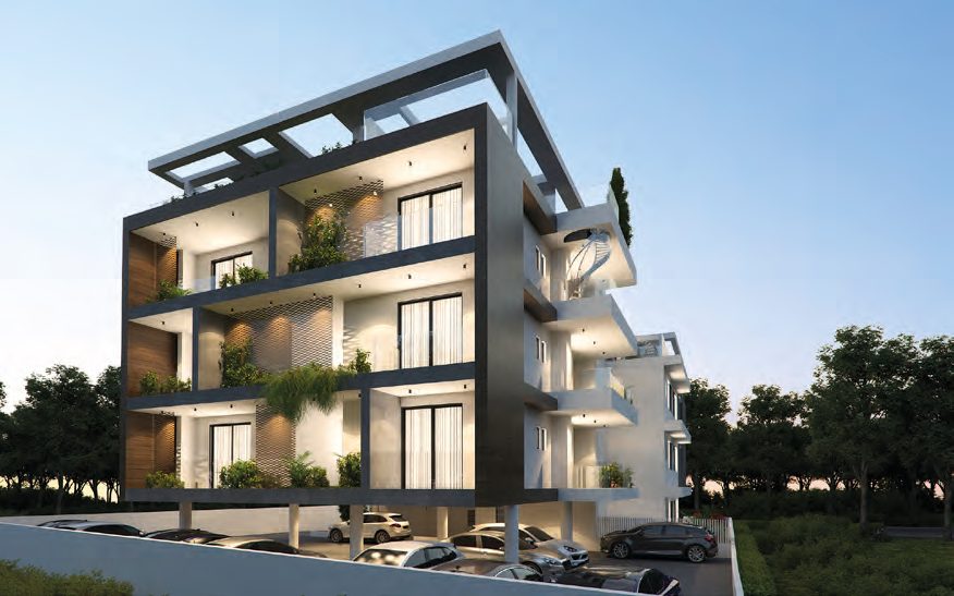 The garden side of Aradippou Pearl at dusk, cars drawn up along the street — architect's visualisation