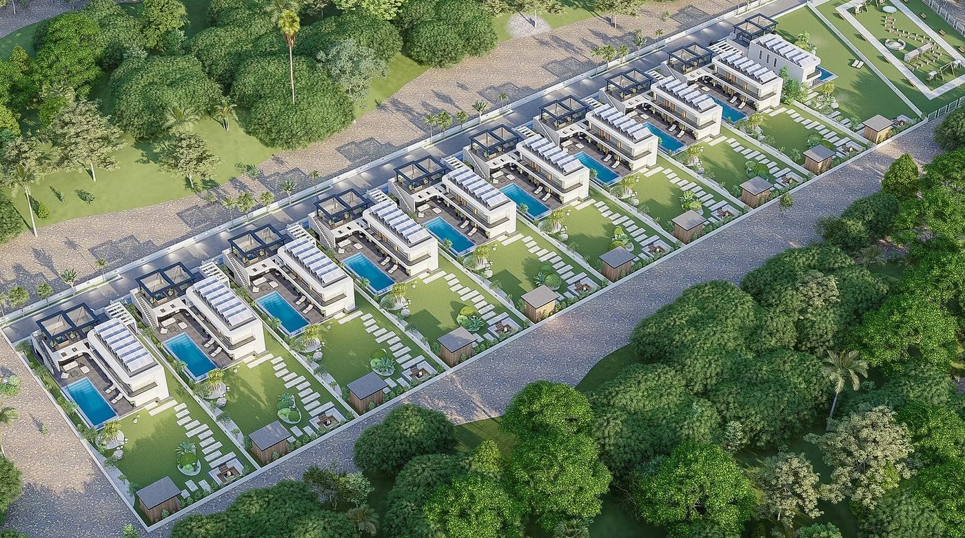 The Esser Villas masterplan from the air: ten villas, each with its own pool and garden — architect's visualisation