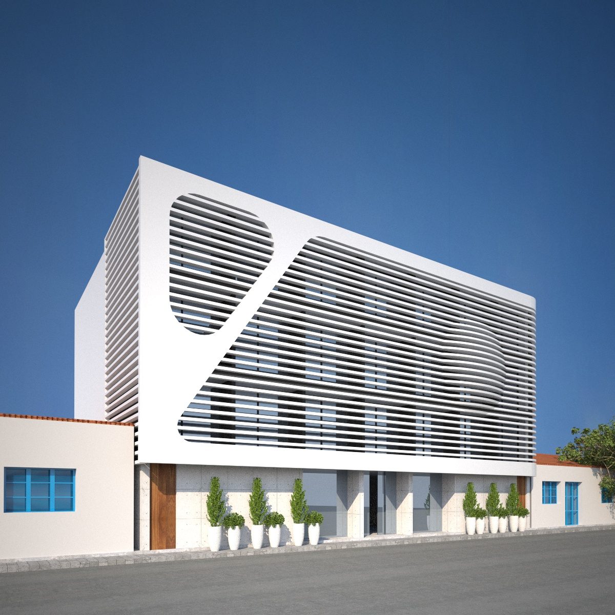 Yotel Hospitality on its corner, a white louvred screen wrapping the upper floors — architect's visualisation